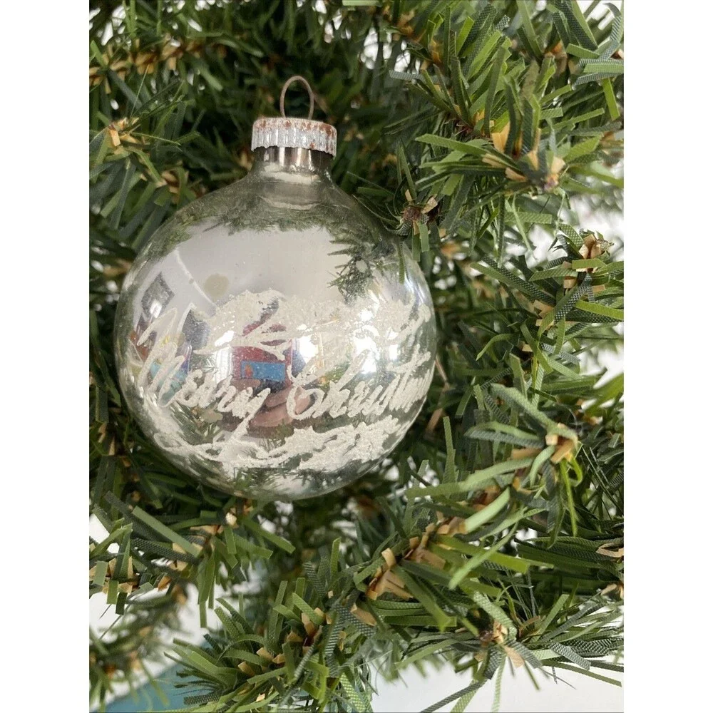 Vintage Shiny Brite Silver MERRY CHRISTMAS Mica Stenciled Ball Ornament Holiday